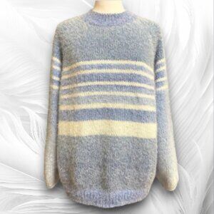 Blue and White Striped Fuzzy Sweater, Soft Women’s Knit Pullover Cozy